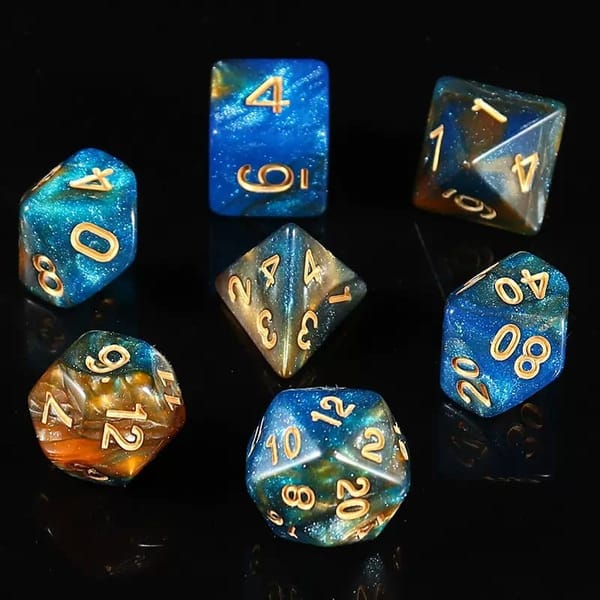 In-stock blue and gold glitter acrylic dice with gold numbers