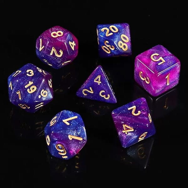 In-stock blue and purple galaxy acrylic dice with gold numbers