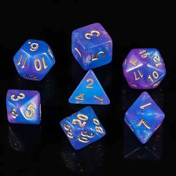 In-stock soft blue and purple acrylic dice with gold numbers