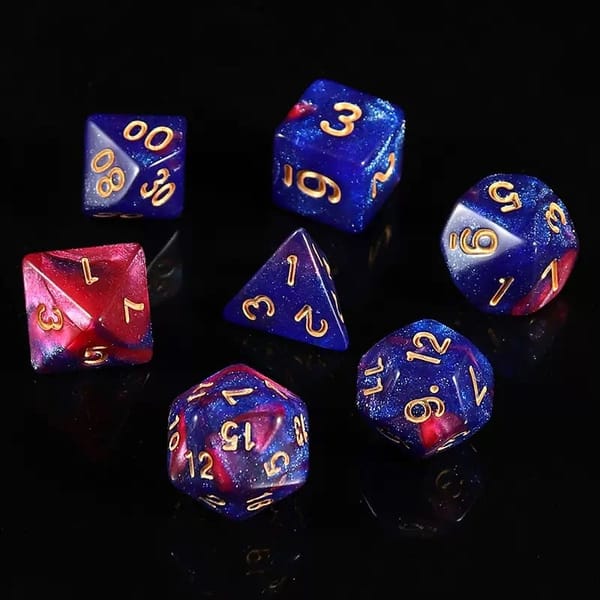 In-stock blue purple and red glitter acrylic dice with gold numbers