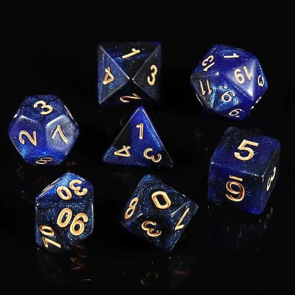In-stock deep blue glitter acrylic dice with gold numbers