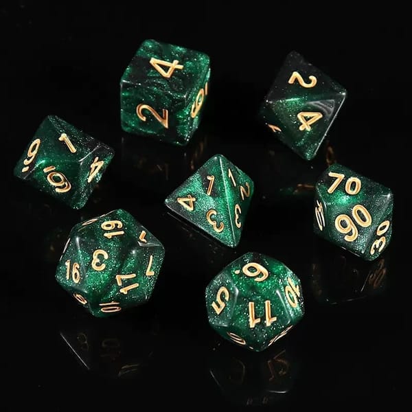 In-stock emerald green glitter acrylic dice with gold numbers