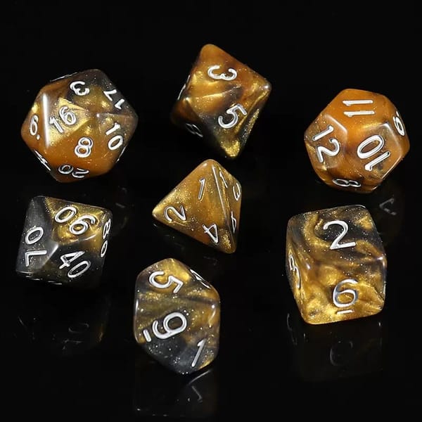 In-stock gold and black pearl acrylic dice with white numbers