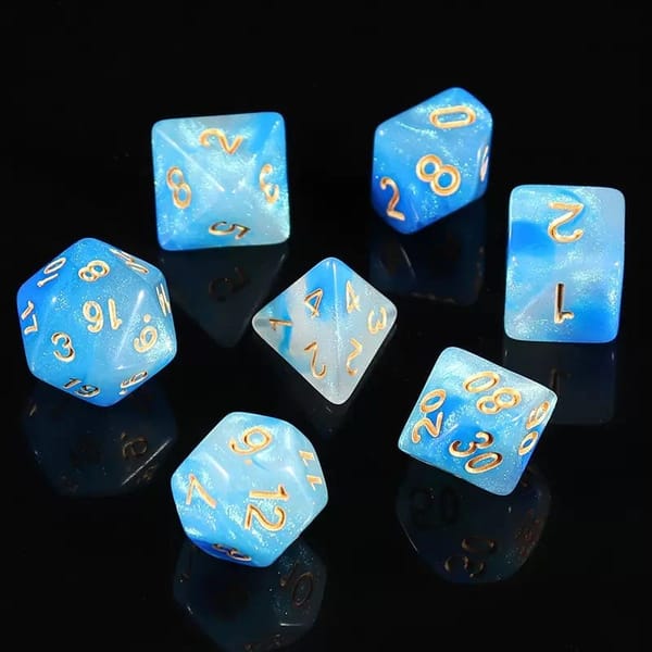 In-stock light blue pearl glitter acrylic dice with gold numbers