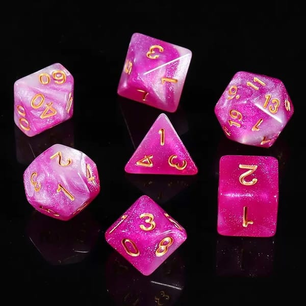 In-stock pink and white pearl glitter acrylic dice with gold numbers