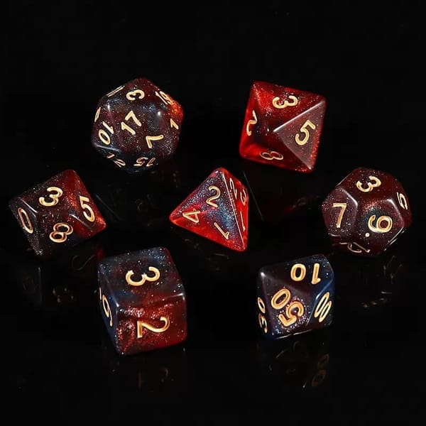 In-stock red and blue galaxy glitter acrylic dice with gold numbers