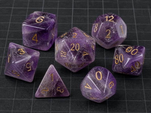 In-stock natural amethyst gemstone polyhedral dice with gold numbers