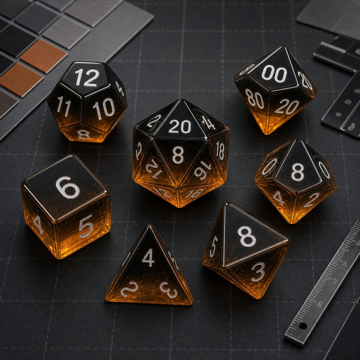 Polyhedral dice on a dark surface, used to illustrate testing dice balance