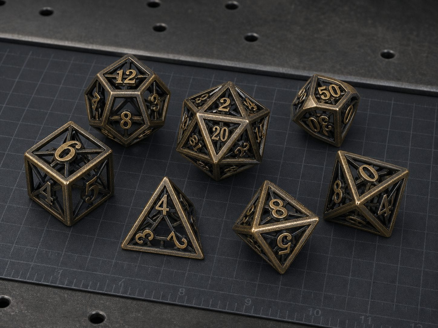 Antique brass openwork hollow metal polyhedral dice set