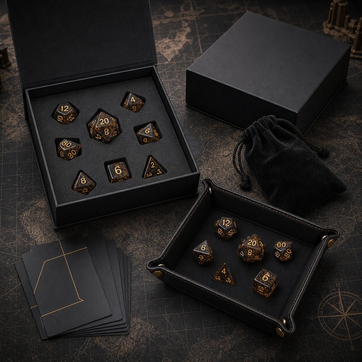 A custom dice reward kit with dice set, tray, pouch, and gift box
