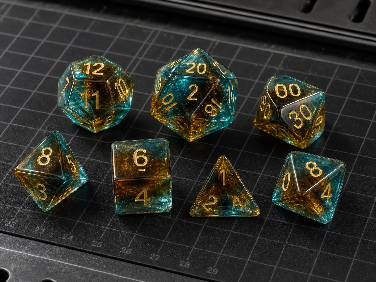 Polished translucent liuli polyhedral dice with layered color depth