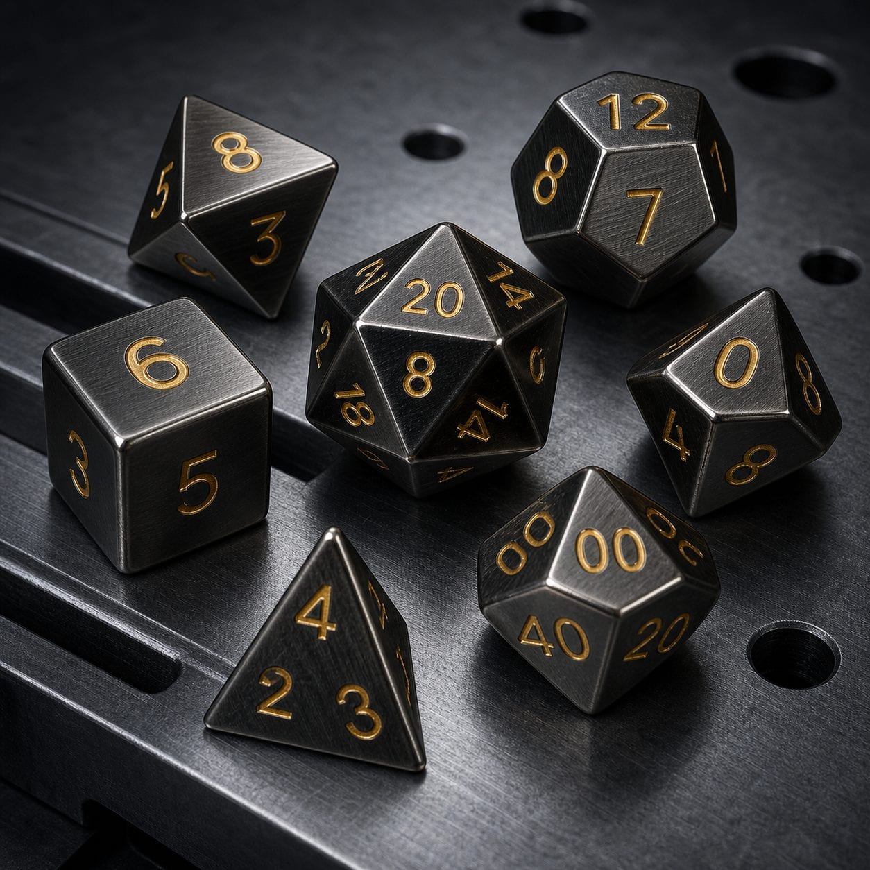 Brushed gunmetal metal polyhedral dice with recessed gold numbers