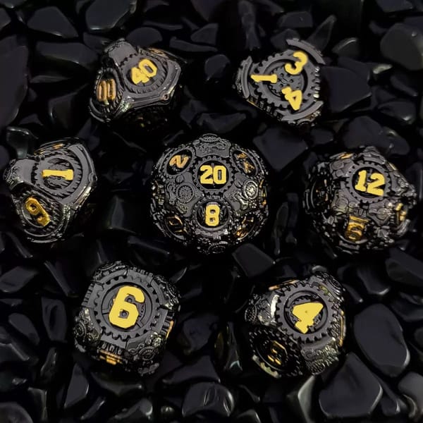 In-stock black metal steampunk gear dice with gold numbers