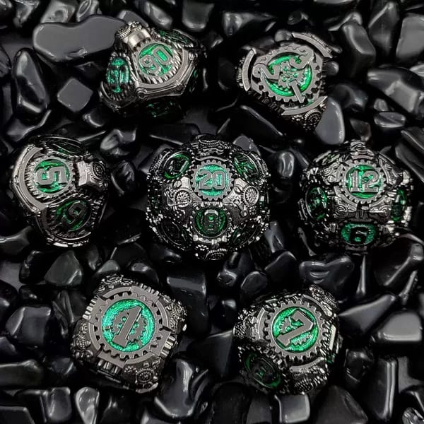 In-stock black-nickel steampunk gear metal dice with green numbers