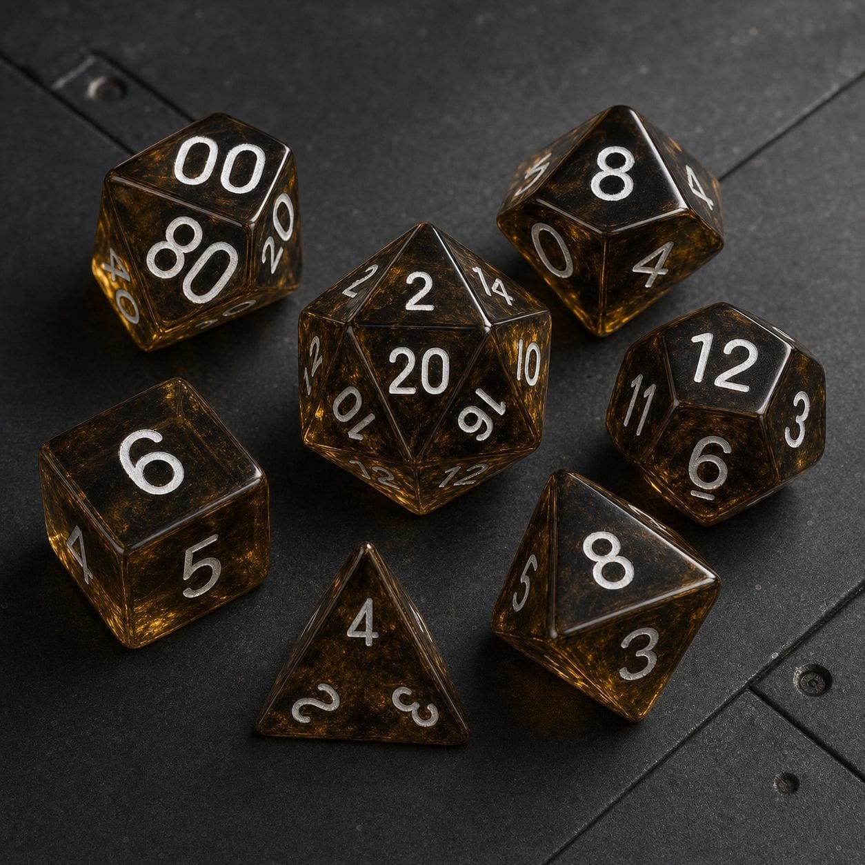 A seven-piece acrylic polyhedral dice set with metallic numbers