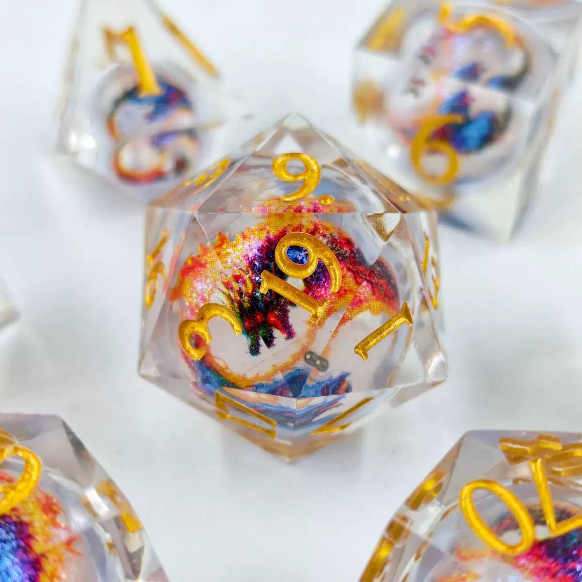 A galaxy nebula sharp-edge resin dice set suitable for Dungeons & Dragons