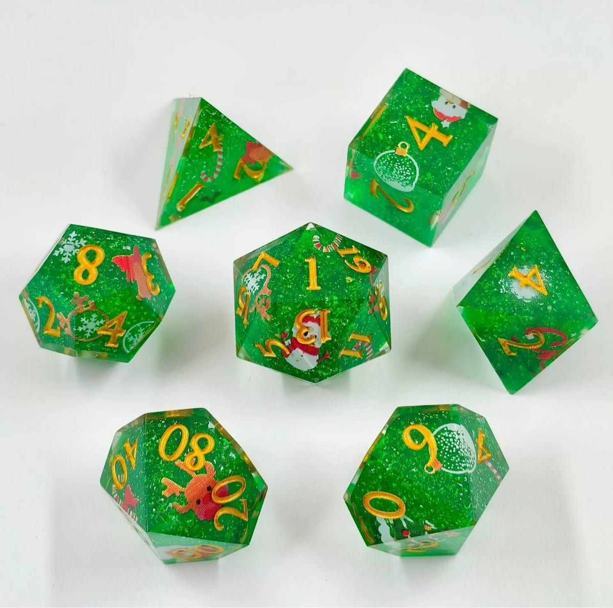 Green glitter Christmas-themed resin dice set as a holiday gift for a D&D player