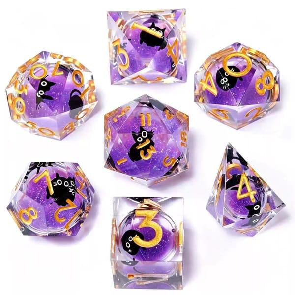 In-stock sharp-edge resin dice with a purple glitter liquid core and a black cat, gold numbers