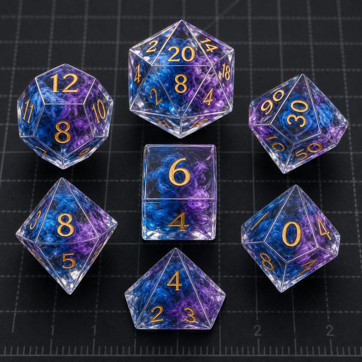 Sharp-edge resin polyhedral dice with crisp corners and colored swirls