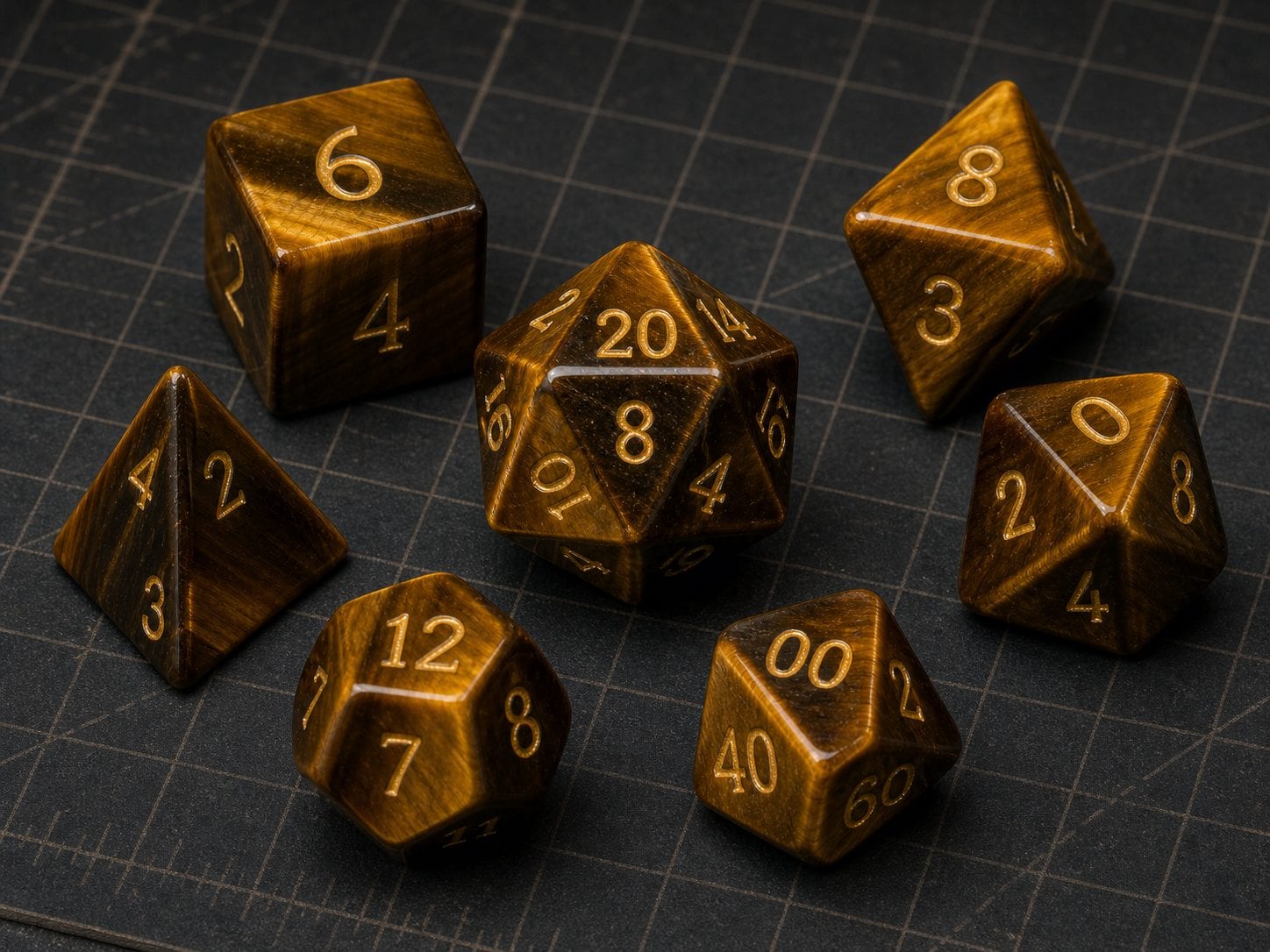 Natural tiger's eye gemstone polyhedral dice with golden-brown banding